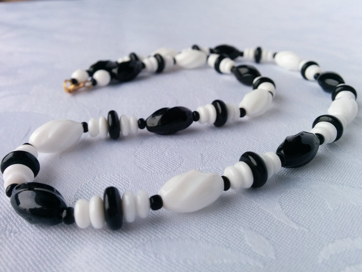 Vintage Glass Bead Necklace, Black and White, Milk Glass
