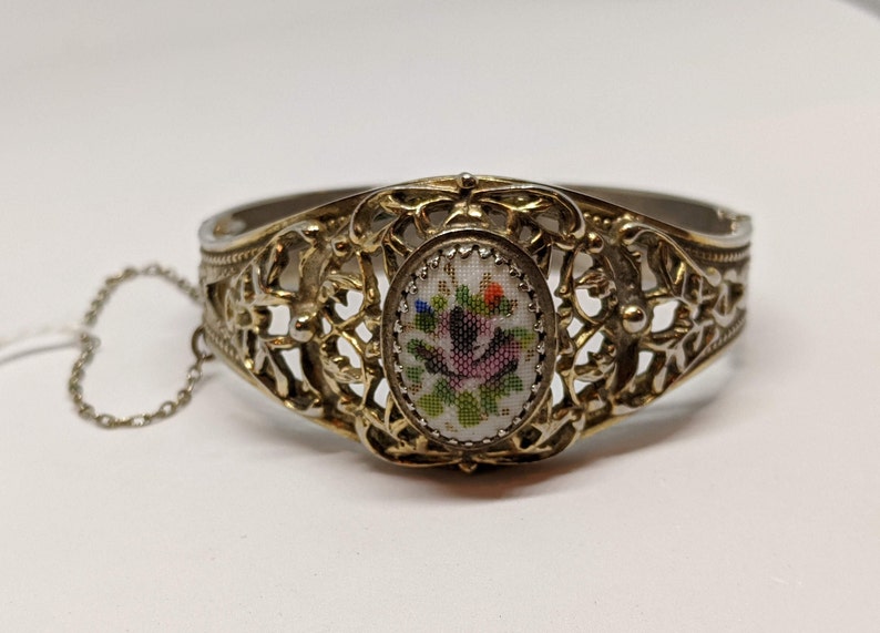 Whiting /& Davis Gold Tone Hinged Bracelet Gold Tone Porcelain Inlay