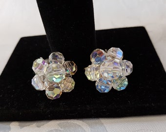 Aurora Borealis Beaded Earrings, Crystal Beaded Clip On Earrings, AB Crystal Earrings, Clip On Crystal Earrings, Earrings