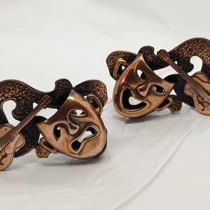 Vintage Solid Copper Theatre Themed Earrings Clip Ons Comedy and Tragedy Performing Arts