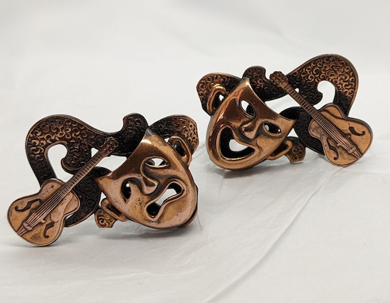 Vintage Solid Copper Theatre Themed Earrings Clip… - image 1