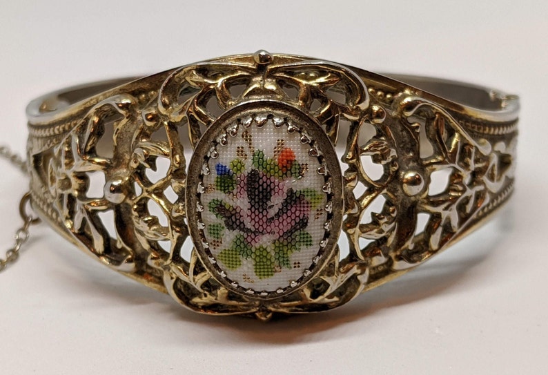 Whiting /& Davis Gold Tone Hinged Bracelet Gold Tone Porcelain Inlay