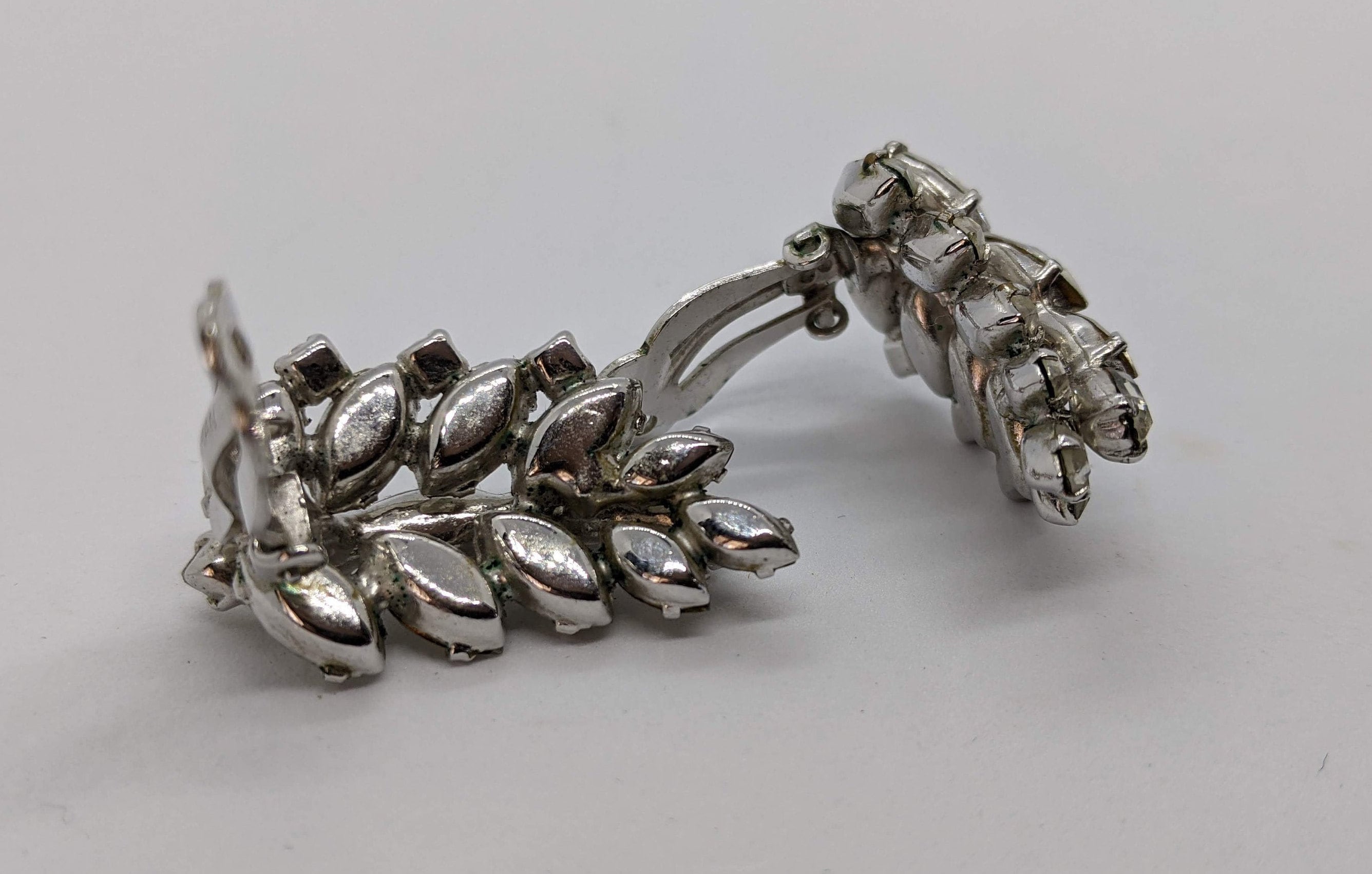 Vintage Sherman Clear Rhinestone Earrings Clip Ons Leaf