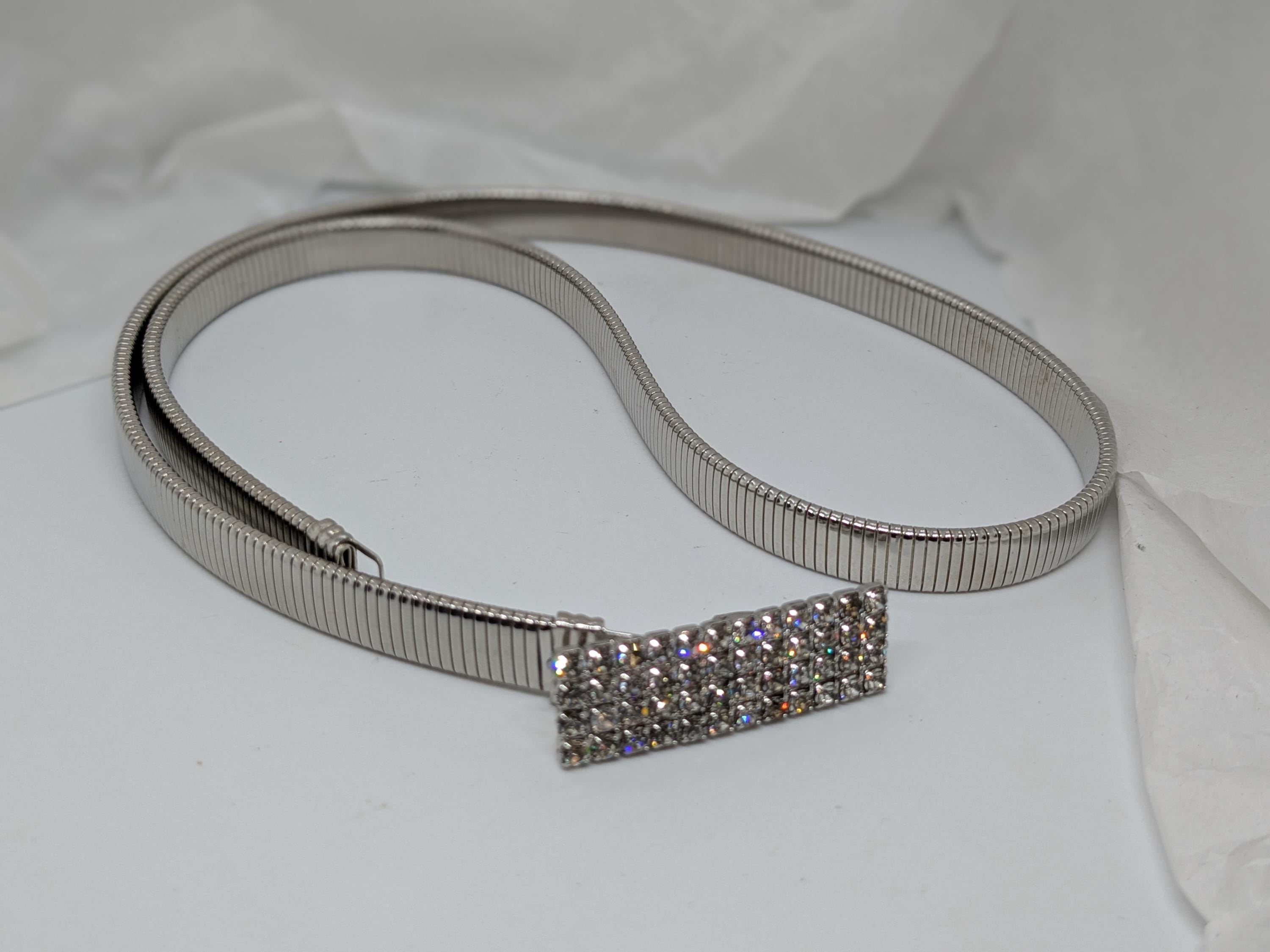 Vintage Silver Metal Stretch Belt, Rhinestones Decor On Buckle 27 To 35 Inches Vintage Rhinestone and Silver Metal Belt. Square Silver Tone  main image 4