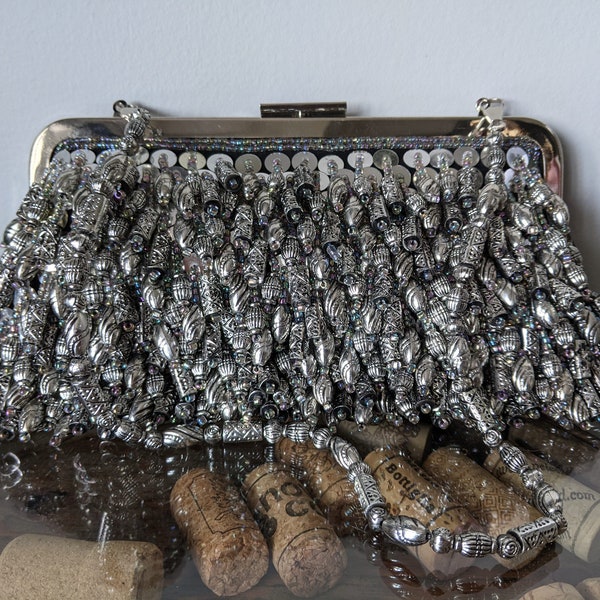 Vintage Silver Bead Clutch Purse 9 Inches Wide, Evening Bag