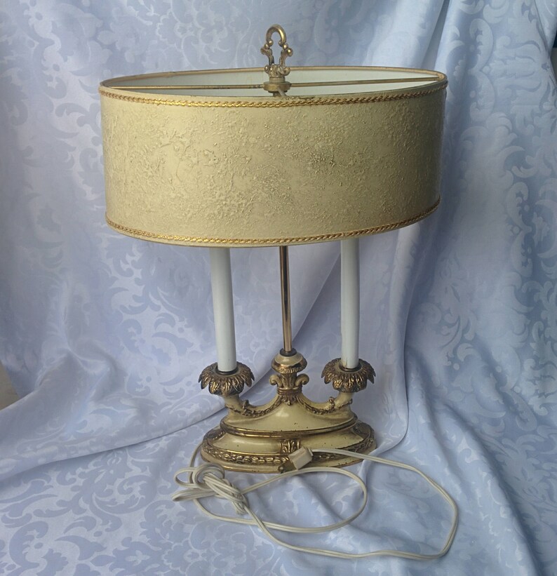 French Bouillotte Lamp Vintage Candle Stick Double Candlestick Ivory And Gold Desk