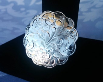 Silver Engraved Brooch, Silver Tone Brooch, Silver Tone Floral Brooch, Brooch