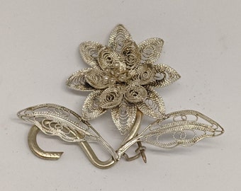 Vintage Silver Filigree Flower Brooch