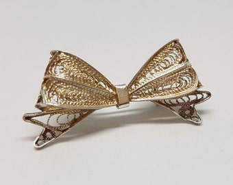 Broche Ancienne Argent Filigrané époque Victorienne - Motif Nœud Ruban - Occasion Rare