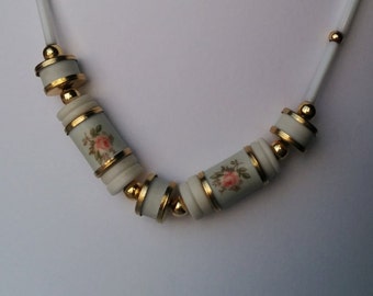 Vintage Glass Beaded Necklace With Hand Painted Roses