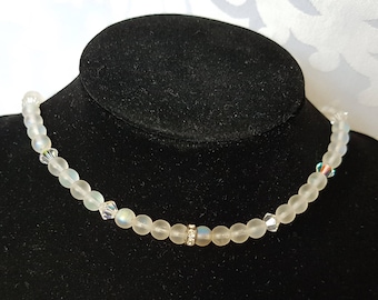 Vintage Frosted Glass Necklace, Frosted Glass and Crystal Choker, Glass Choker, Glass Necklace, Wedding Jewelry, Necklace, Choker