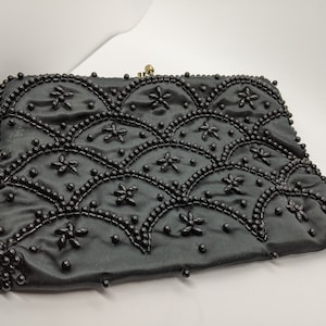 Vintage Black Hand Beaded Formal Clutch Purse, Evening Bag Made in Hong Kong