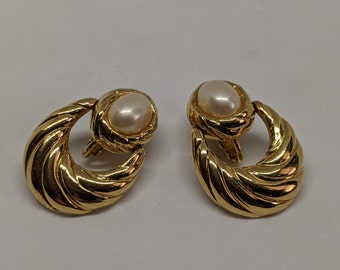 Gold and Pearl Earrings Clip Ons, Faux Pearls