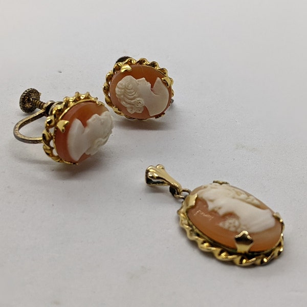 Vintage Gold Filled Cameo Pendant and Screw On Earrings Signed Rainbow Gold Filled