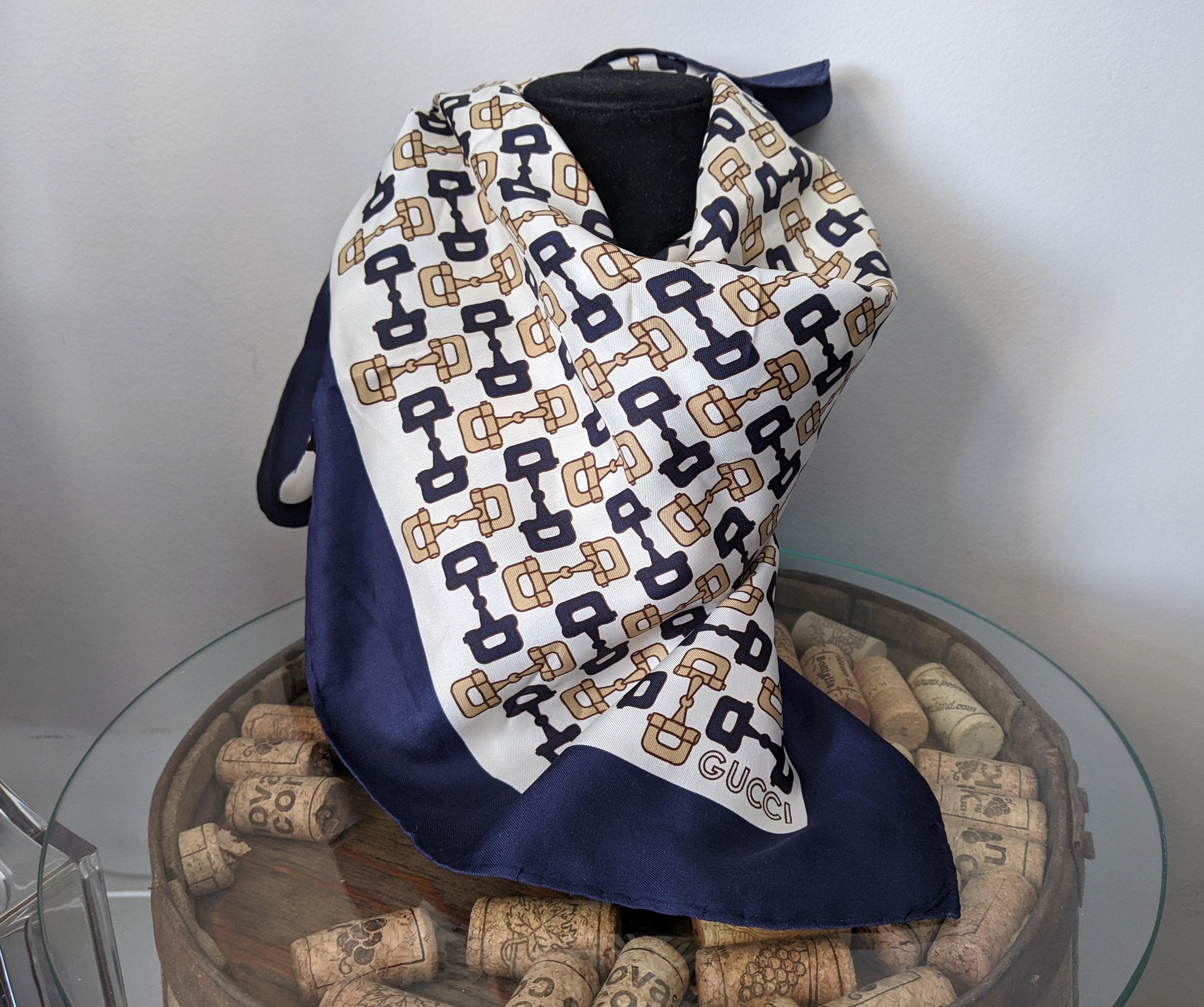 Gucci Vintage Black and Blue GG Logo Silk Small Scarf