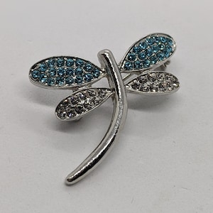 Dragonfly Brooch Silver Tone Aqua Crystal Brooch 1.25 Inch Size