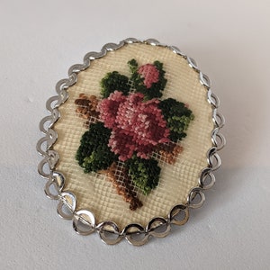 Vintage Petit Point Rose Flower Brooch Silver Tone 1.75 Inches