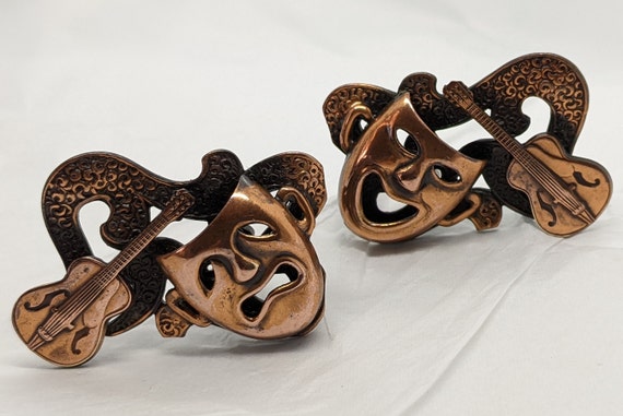 Vintage Solid Copper Theatre Themed Earrings Clip… - image 4
