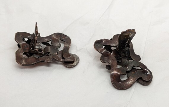 Vintage Solid Copper Theatre Themed Earrings Clip… - image 5