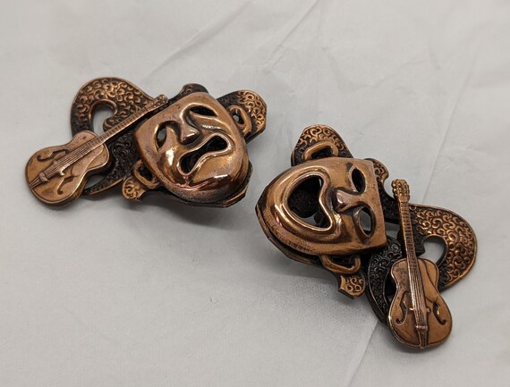 Vintage Solid Copper Theatre Themed Earrings Clip… - image 2