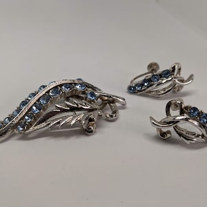 Vintage Coro Brooch and Earring Set Blue Crystal Leaf, Coro Demi Parure Screw On Earrings