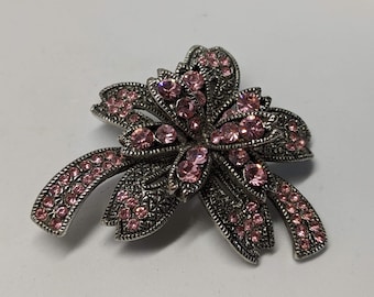 Vintage Pink Crystal Costume Jewelry Brooch with Marcasite Look 1.75 Inches in Size