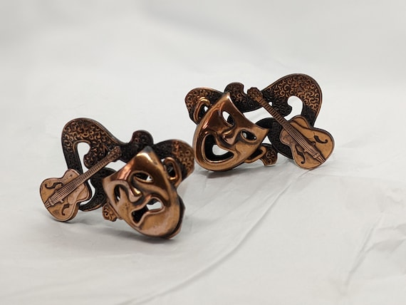 Vintage Solid Copper Theatre Themed Earrings Clip… - image 3