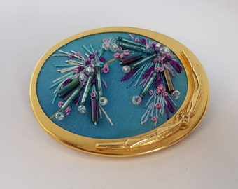 Vintage Uhlig Danish Brooch, Silk Embroidered Jewelry