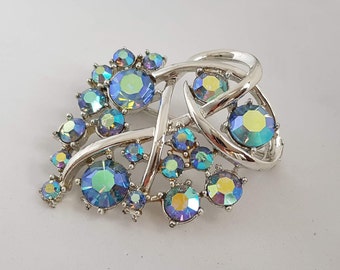 Crystal Blue AB Brooch Aurora Borealis and Silver Tone