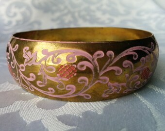 Brass Bracelet Pink design, Brass Cuff Bracelet, Brass Bangle Bracelet with Pink design