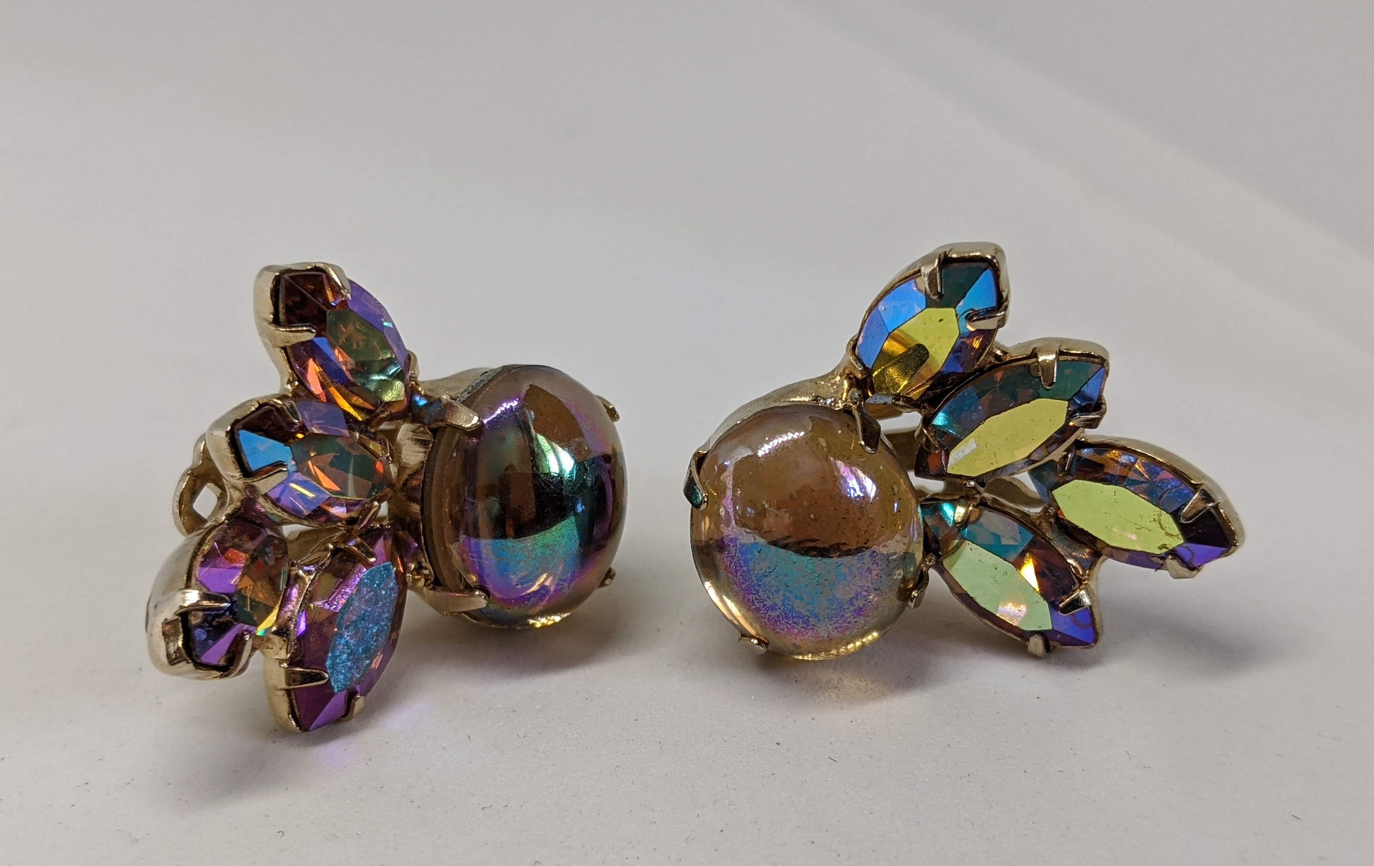 Vintage Continental Aurora Borealis Earrings Clip On Pink Purple