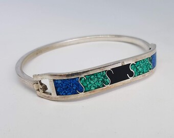 Mexico Sterling Silver Hinged Turquoise Bracelet