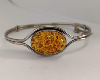 Sterling Silver Genuine Amber Hinged Bracelet with Safety Chain