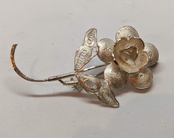 Vintage Sterling Silver Filigree Flower Brooch 2 inches