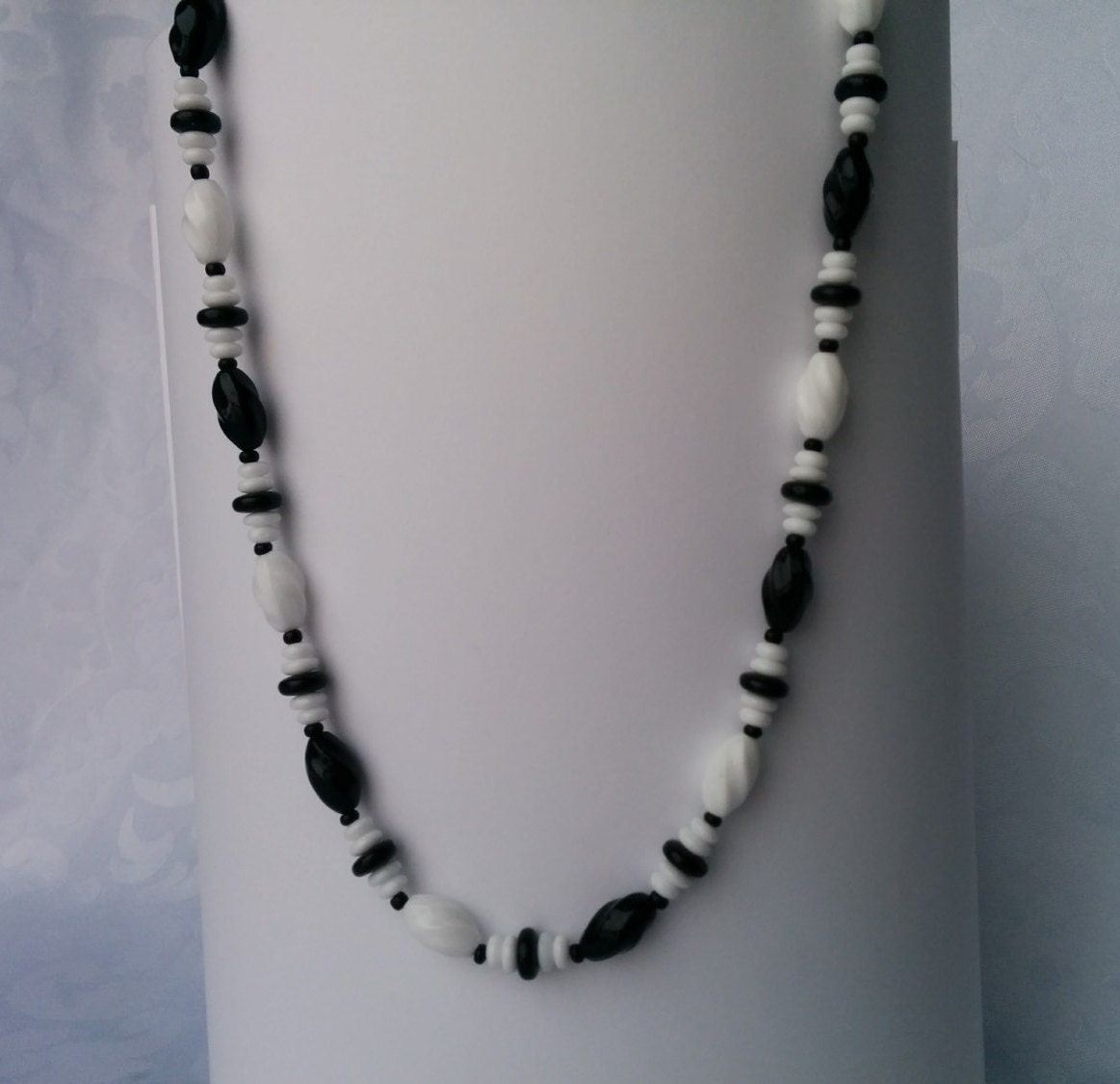Vintage Glass Bead Necklace, Black and White, Milk Glass