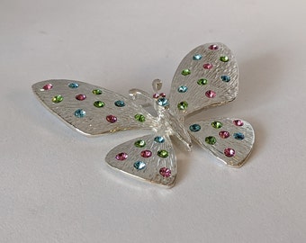 Rainbow Crystal Silver Butterfly Brooch 2 Inches