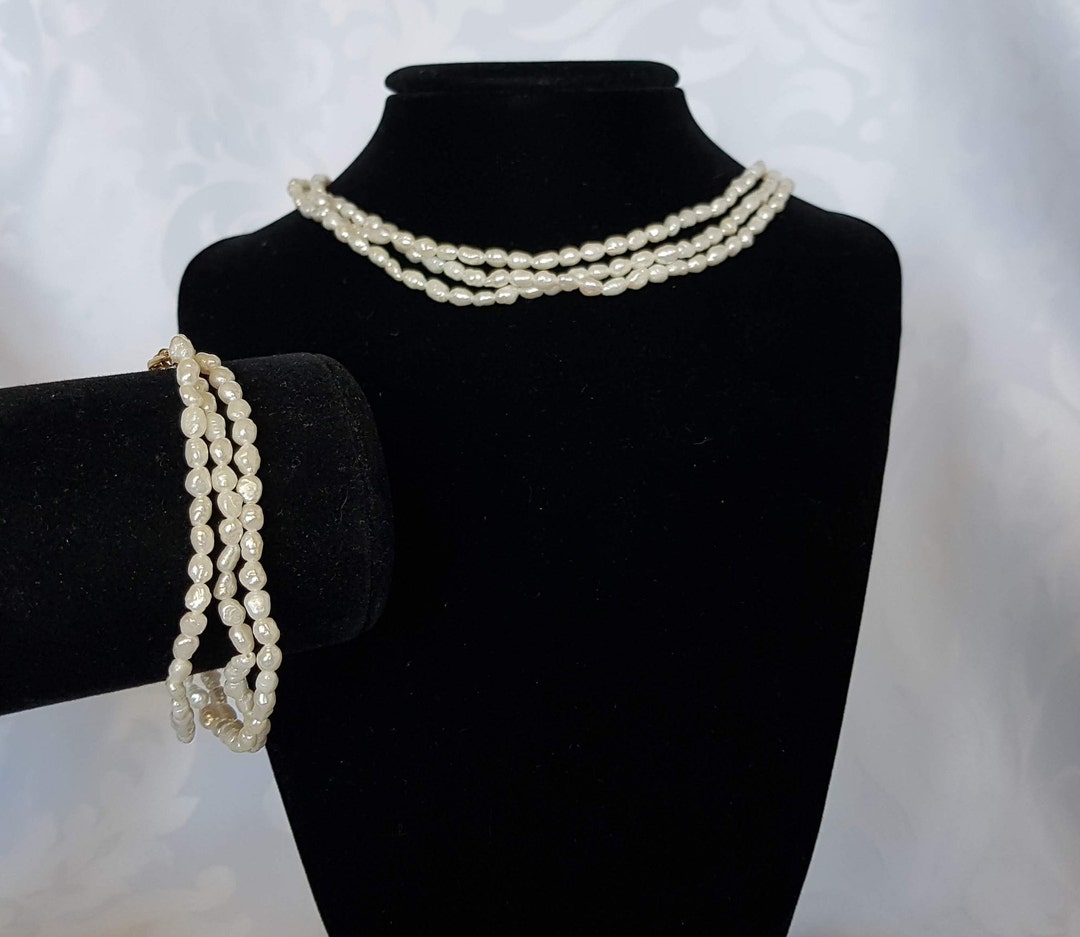Vintage Triple Strand Pearl Necklace Bracelet Set, Vintage Pearl