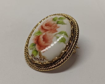 Vintage Porcelain Pink Flower Cabochon Brooch and or Pendant 1.25 Inches Long