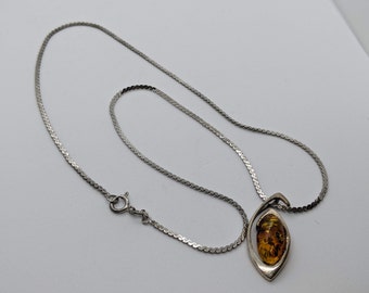 Vintage Sterling Silver Cognac Amber Pendant and Chain 16 Inches