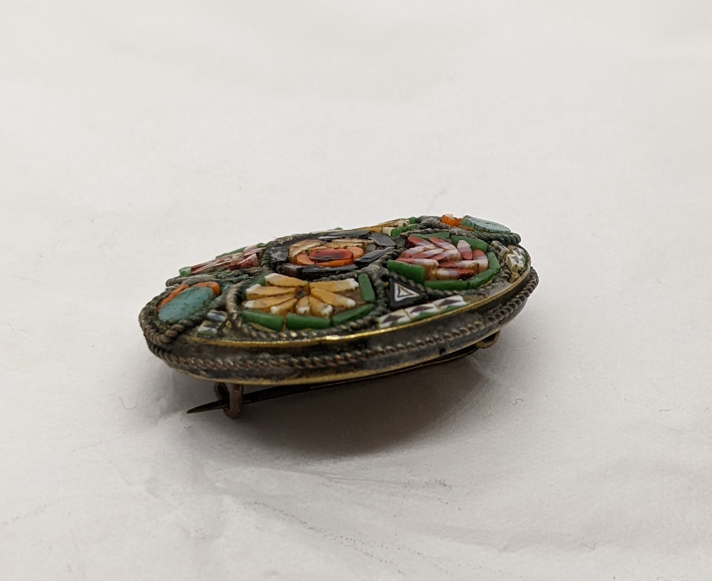 Broche Vintage Micro-mosaïque Italienne - Motif 2 Fleurs - Occasion