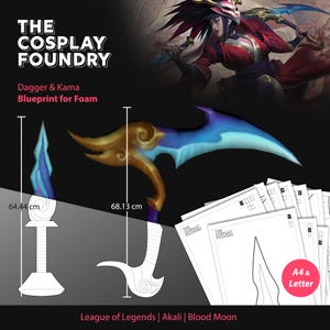 May include: A blueprint for a foam dagger and kama, with dimensions of 64.44 cm and 68.13 cm. The design features a curved blade with blue and gold accents. The text "THE COSPLAY FOUNDRY" and "Dagger & Kama Blueprint for Foam" are visible.