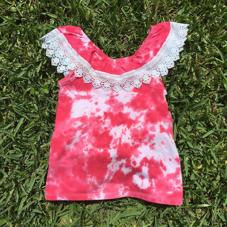 Hot Pink Tie Dye Girls Size Medium 78 Hot Pink and Hot Hibiscus Tie Dye Crochet Ruffle Top Ruffle Top Magenta Tie Dye Shirt