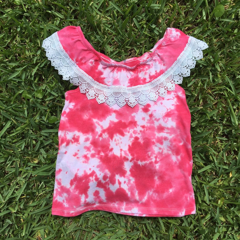 Hot Pink Tie Dye Girls Size Medium 78 Hot Pink and Hot Hibiscus Tie Dye Crochet Ruffle Top Ruffle Top Magenta Tie Dye Shirt