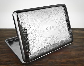 Engraved Initial Cigarette Case, Ornate Silver Card Holder