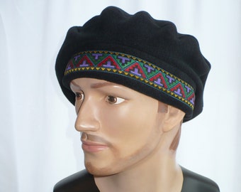 Men's/Woman's Black Fleece Beret Aztec Trim