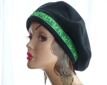 Black Beret with Cannabis Leaf Trim, Mens or Womans