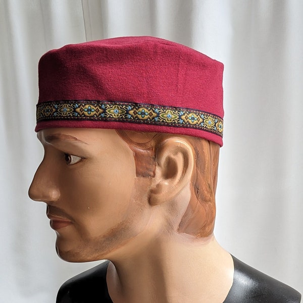 Brick Red Cotton Kufi Fez Cap with Renaissance Trim