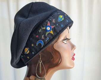 Black Polar Fleece Beret with Celestial  Mirrored Trim