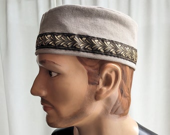 Men's Khaki Cotton Kufi Fez Cap, Tubetieka, Kazakhi, Drumming Cap