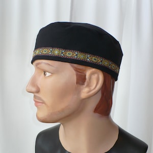 Men's Black Cotton  Kufi/Fez, Drumming Cap with Renaissance Trim